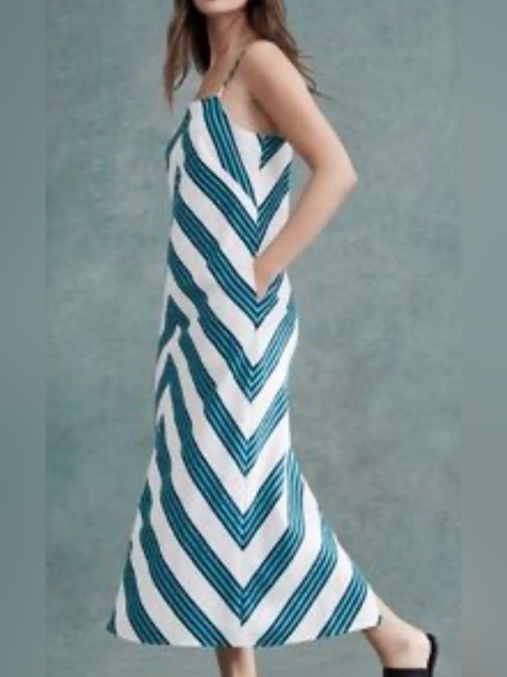 Banana Republic Linen-Blend Teal and White Chevron Sleeveless Maxi Dress Size XL